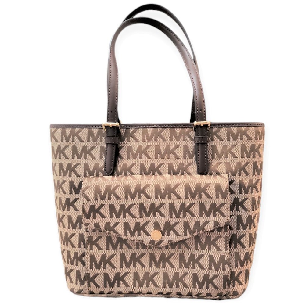 MICHAEL KORS JET SET MK Signature Brown Jacquard Shoulder Bag Tote Pocket Canvas